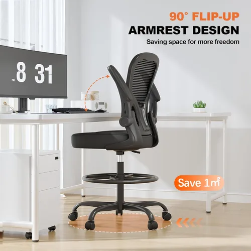 Miniatura 6 de Silla de Dibujo Ergonómica, Silla de Oficina Alta con Reposabrazos Abatibles, Silla de Escritorio Alta de Malla Transpirable con Soporte Lumbar