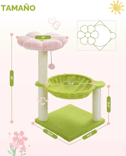Miniatura 4 de MUTTROS Árbol de flores para gatos, torre para gatos de 28 pulgadas con acogedora percha de flores, hamaca grande para gatos pequeños