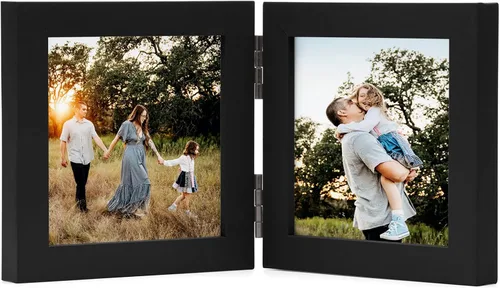 Marcos de Fotos Dobles 4x4 con Bisagras Plegables en Negro para Colgar en la Pared o Poner en Mesa, Hechos de Madera de Pino con Vidrio Real P-44 *