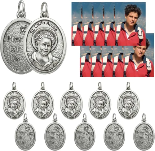 Rlcvecv 10 piezas de medalla de San Carlo Acutis con juego de tarjetas sagradas, colgante de metal de San Carlos Acutis para collar, pulsera,