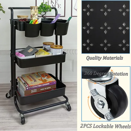 Miniatura 5 de Estante organizador de almacenamiento de 3 niveles con 3 tazas colgantes, 8 ganchos, 2 cajas de almacenamiento para el hogar, oficina, cocina, baño