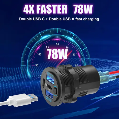 Miniatura 2 de Cargador de coche con salida USB de 78 W, 4 puertos y 12 V, súper rápido Dual PD3.0 y QC3.0 puerto USB múltiple para automóvil, reemplazo