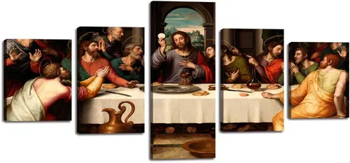 Miniatura 20 de The Last Supper - Pintura sobre lienzo para pared de sala de estar, 5 piezas, arte de pared de la última cena, retro, vintage, de madera, moderno