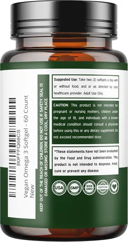 Miniatura 3 de Aceite de algas vegano Omega 3 (60 cápsulas blandas) DHA EPA a base de plantas, de origen sostenible, sin carragenina, sin OMG, salud del corazón