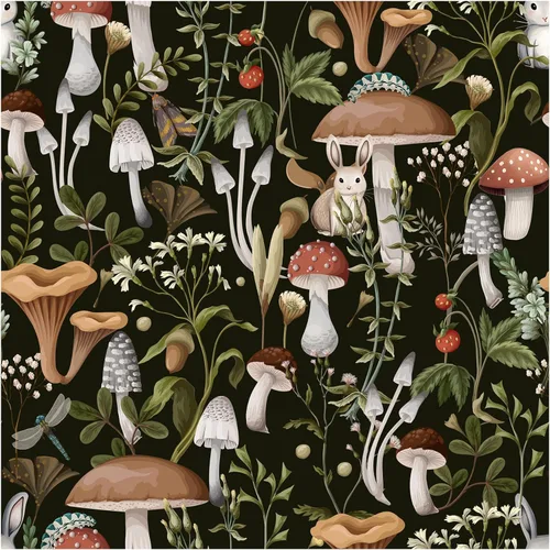 Papel tapiz de hongos para despegar y pegar, color negro, 17.7 x 393 pulgadas, autoadhesivo, extraíble, papel de contacto con hojas y hongos para