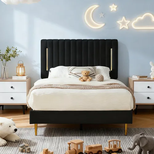 Furnify Armazón de Cama de Plataforma Twin, Marco de Cama Tapizado en Terciopelo con Cabecera Ajustable de Canal Vertical, Ribete de Enchapado
