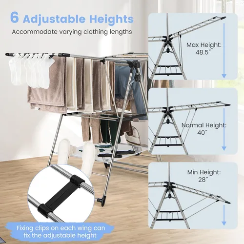 Miniatura 4 de Giantex Estante de secado de ropa, estante de secado de ropa plegable con altura ajustable de 6 niveles, diseño de colgador alto, clips laterales