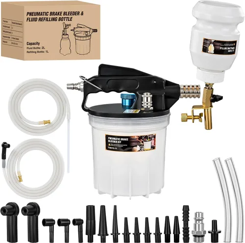 GOOACC Kit de Purga de Frenos 2L Bomba de Vacío Neumática Extractor de Fluido con Botella de Rellenado 1L y Adaptadores Herramientas de Purga del