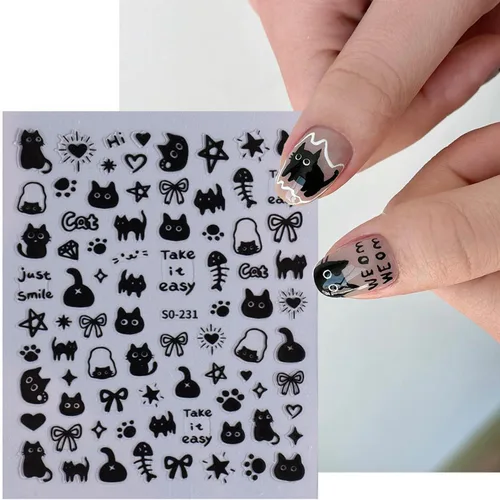 Miniatura 6 de Calcomanías de uñas de gato, 8 hojas de calcomanías autoadhesivas 3D con diseño de gato dorado, plateado, negro, blanco, para niños, niñas, mujeres