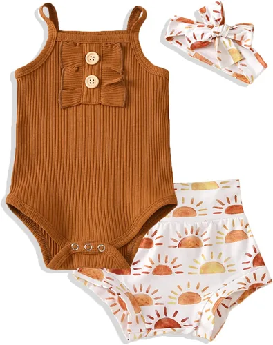 AMAWMW Ropa de verano para bebé recién nacida, con volantes, acanalado, vintage, floral, pantalones cortos, conjunto de regalo para bebé