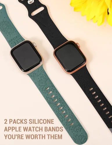 Miniatura 3 de Minyee Paquete de 2 correas grabadas florales compatibles con Apple Watch Band de 38/40/41/42/44/45/46/1.929 in para mujer, bonita correa
