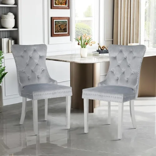 Miniatura 16 de Juego de 2 sillas de comedor de terciopelo, sillas de comedor modernas de lujo con patas de acero inoxidable doradas, sillas decorativas de cocina