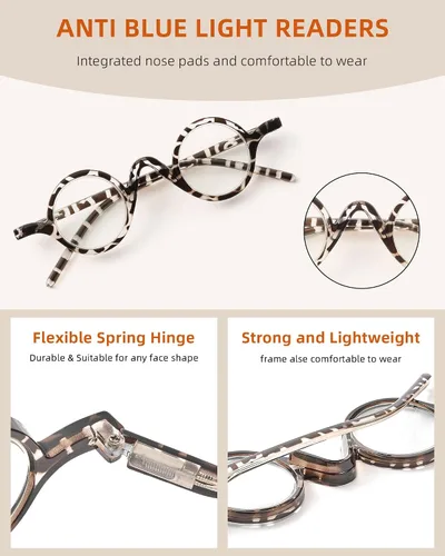 Miniatura 3 de JM Paquete de 5 lentes de lectura redondos para mujeres y hombres, vintage, con bloqueo de luz azul, pequeños lectores de computadora con bisagras