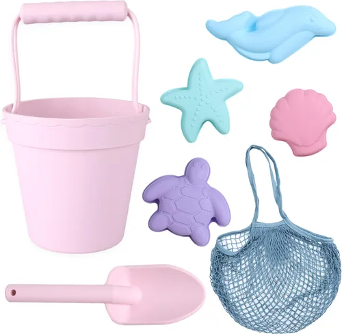 BLUE GINKGO Juguetes de playa de silicona, juego moderno para viajes, cubo, pala, 4 moldes de arena, bolsa de playa, juguetes de arena para niños