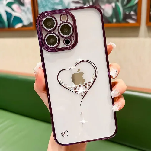 Miniatura 2 de Bling Glitter Heart - Funda compatible con iPhone 14 Pro Max, bonito protector de cámara completo brillante para mujer, diseño de fundas para Púrpura