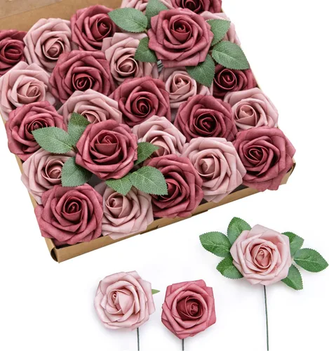 Miniatura 37 de Ling’s Moment - Flores Artificiales, 50 piezas, Rosas Verde Pavo Real con Tallos, 3" de Tacto Real, Espuma DIY para Ramilletes de Boda/Centros