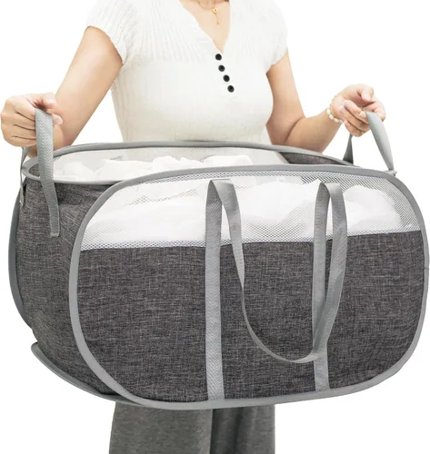 Cesta de lavandería desplegable, de malla, con correas extendidas para los hombros, asas resistentes y tela catiónica de primera calidad (gris)