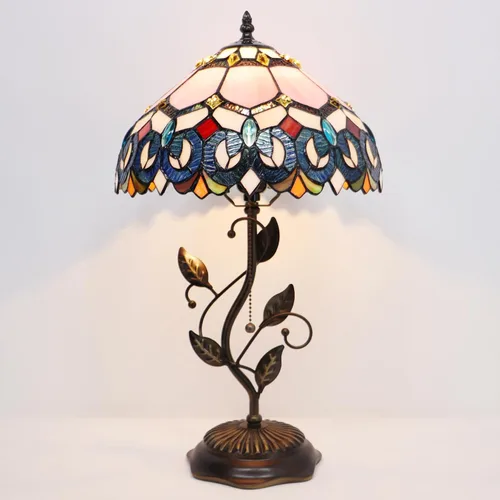 Miniatura 4 de Tiffany Table Lamp, Pink Stained Glass Desk Light, W12H19 Inch, Metal Leaf Base (Pink Baroque Style)