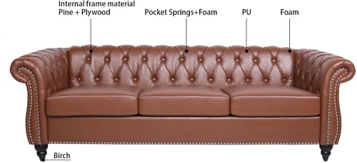 Miniatura 6 de Chesterfield - Sofá tapizado de piel sintética, con respaldo copetudo, sofá clásico de cuero de 3 plazas, brazo enrollado para sala de estar, Marrón