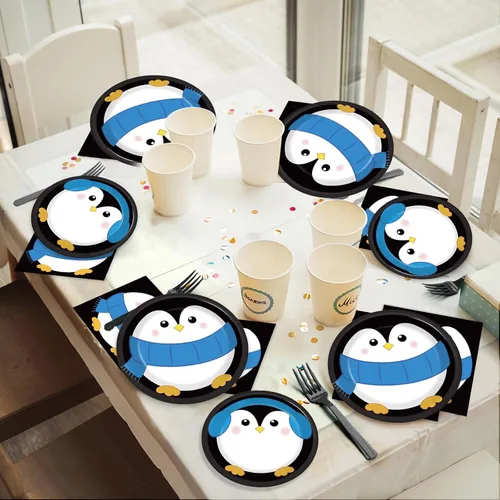 Miniatura 5 de 96 piezas de suministros para fiesta de cumpleaños de pingüino, platos de papel, servilletas, temática de invierno de pingüino, fiesta de Navidad