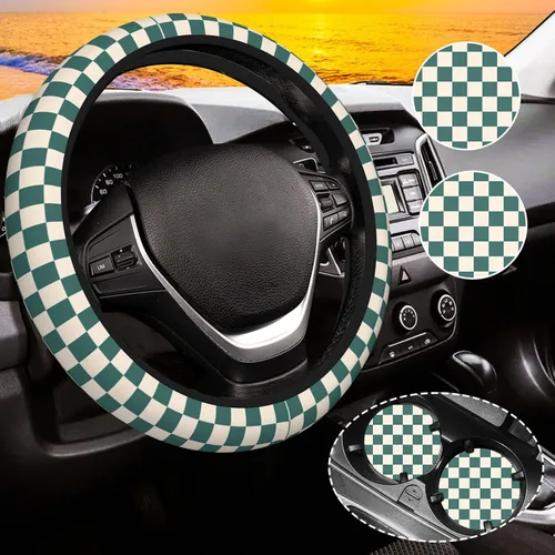 Miniatura 18 de Funda de volante a cuadros para mujeres, funda universal para volante de automóvil de 14-15 pulgadas, accesorios interiores para automóvil, con 2