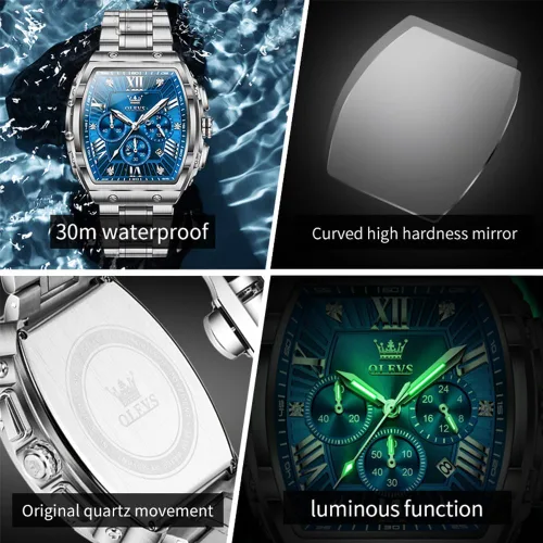 Miniatura 5 de OLEVS Relojes para Hombres Cronógrafo Impermeable Cara Rectangular Fase Lunar Correa de Acero Inoxidable Relojes de Vestir para Hombres Luminoso