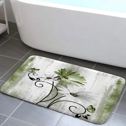 Miniatura 21 de Alfombra de Baño Rústica de Granja, Alfombra de Baño de Madera de Campo con Flores de Margaritas Moradas, Mariposas y Estilo Campestre, Alfombra