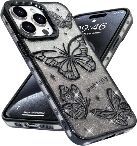 Miniatura 2 de BITOBE Diseñada para iPhone 15 Pro Max, bonita funda de mariposa 3D chapada en purpurina delgada para mujeres y niñas, protección de cámara, Negro
