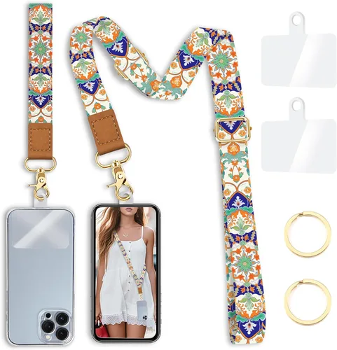 Miniatura 37 de Cordón cruzado para teléfono celular con correa para la muñeca, diseño de flores, para colgar alrededor del cuello, correa floral ajustable