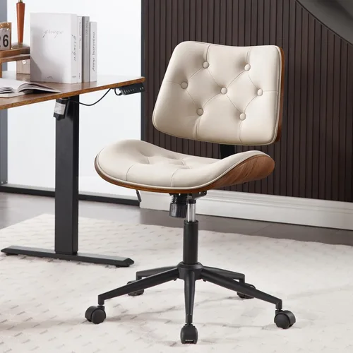 Miniatura 18 de Silla de Oficina para Hogar con Ruedas, Silla de Oficina Ajustable sin Brazos, Silla de Computadora Pequeña de Respaldo Medio de 360° de Cuero PU