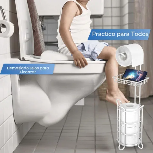 Miniatura 2 de Soporte de rollo de papel higiénico para baño, soporte de papel higiénico de pie con estante de almacenamiento central, reserva de mega E-plata