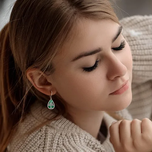 Miniatura 151 de Aretes colgantes de plata de ley con diseño de árbol de la vida, flor, abeja, animales, gato, colibrí, piedra lunar, turquesa, aretes con cierre