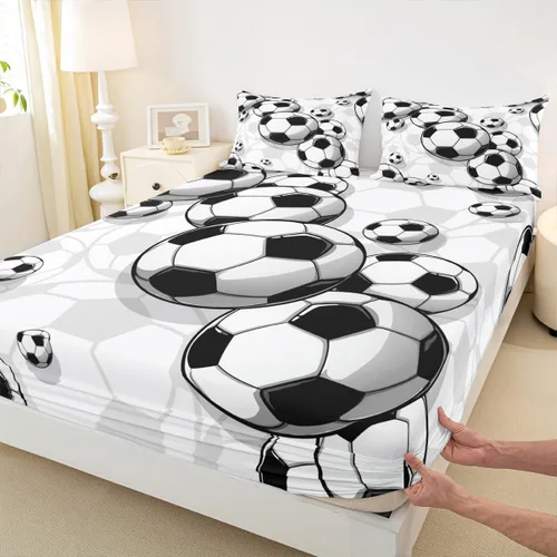 Miniatura 4 de Juego de ropa de cama de fútbol para niños, sábanas bajeras de fútbol para niños, niñas, adolescentes, juego de ropa de cama de fútbol dibujado a