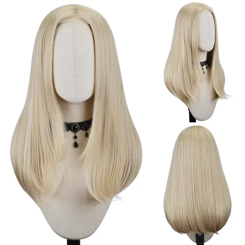FREE BEAUTY Peluca larga rubia para mujer, peluca de cabello lacio con parte media con encaje de encaje de aspecto natural, peluca de fibra