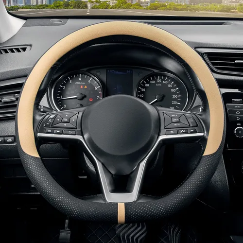 Miniatura 8 de SEG Direct - Cubierta para volante de base plana en forma de D, de 14-14 1/4 pulgadas para Tesla Model 3 / Y, para Camaro, cuero de microfibra negro