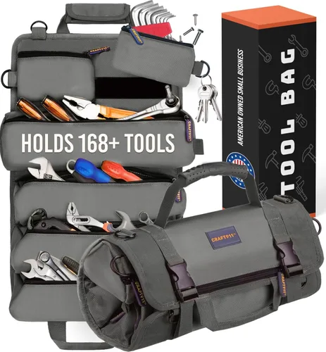 CRAFT911 Organizadores de bolsas de herramientas duraderas con 6 bolsas de herramientas desmontables, tamaño pequeño, organizador enrollable de Gris