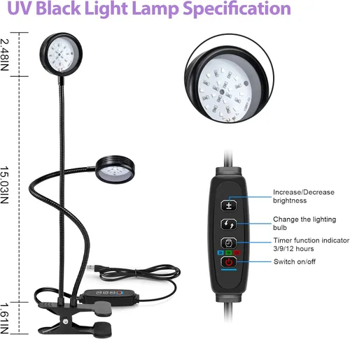 Miniatura 3 de Luz negra UV USB de doble cabeza, lámpara LED de 10W 395nm-405nm con abrazadera, cuello de cisne para curado de resina, luz negra, pósters