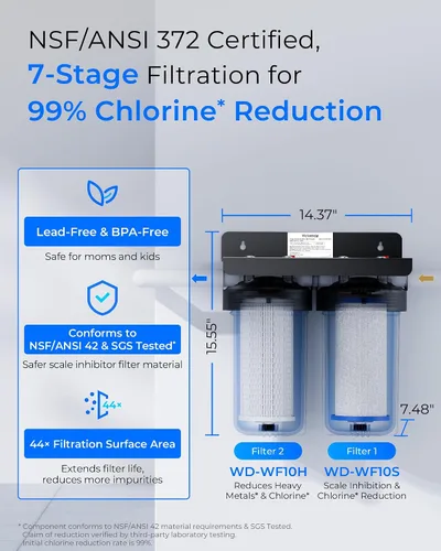Miniatura 2 de Waterdrop Sistema de filtro de agua para toda la casa de 2 etapas, con filtro de sedimentos de metales pesados y anti-incrustaciones, reduce