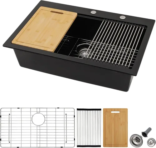 Miniatura 34 de Fregadero de preparación de barra de montaje inferior de 12 x 16 pulgadas, color negro mate, compuesto de cuarzo, clásico bajo encimera, lavabo