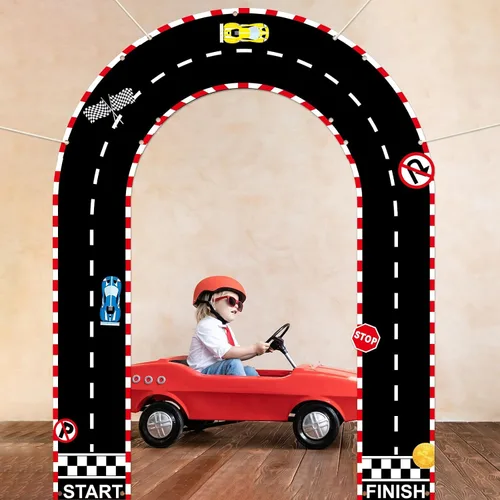 Miniatura 6 de 3 piezas de decoración de cumpleaños de coche de carreras, cartel arqueado de tela para porche, telón de fondo de arco de coche de carreras