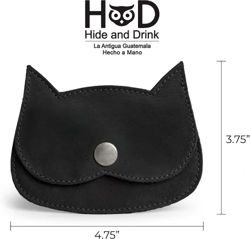 Miniatura 4 de Hide & Drink, Cartera en forma de gato, bolsa para monedas, soporte para dinero, accesorio de viaje, cuero de grano completo, hecho a mano, Negro