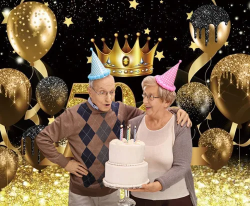 Miniatura 7 de Telón de fondo para fotografía de cumpleaños número 50 para mujeres y hombres, globo con purpurina negra y dorada, telón de fondo para fotos