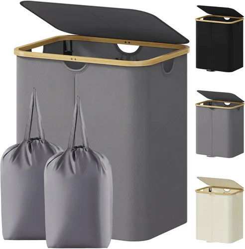 Miniatura 20 de Lifewit Cesto de Ropa Sucia Doble de 120L con Tapa, Cesto Grande Dual para Ropa Sucia con Bolsas Removibles, 2 Secciones Cestos Estéticos para Ropa
