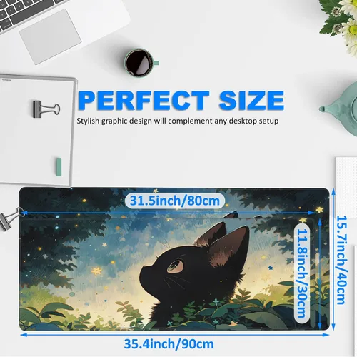 Miniatura 2 de Alfombrilla de escritorio, alfombrilla de ratón de anime linda gata negra extendida para juegos grande, 31.5"x11.8" gran alfombrilla de ratón