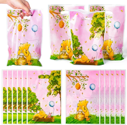 Miniatura 10 de 50 bolsas de regalo de plástico con diseño de dibujos animados kawaii de 6.5 x 10 pulgadas, con diseño de corazón de lazo y asas, para fiestas