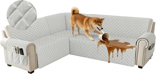 Miniatura 38 de Fundas impermeables para sofá seccional de esquina en forma de L, de terciopelo, juego de 6 piezas, funda en forma de U para sofá, para perros