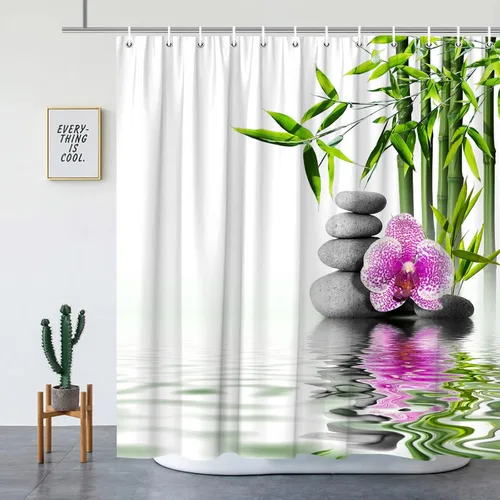 Cortinas de ducha Zen de bambú verde flor púrpura reflejo de piedra agua paisaje spa jardín patrón impresión baño accesorios cortina juego de