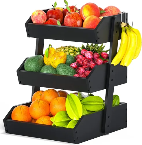 Miniatura 10 de Gmtsl Cesta de frutas de bambú para cocina, frutero de 2 niveles para encimera de cocina, soporte grande para frutas con 2 ganchos para plátanos