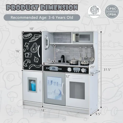 Miniatura 5 de Costzon Juego de Cocina para Niños, Set de Juguetes de Cocina de Madera de Simulación con Sonido Realista, Pizarra Grande, Teléfono, Microondas, gris