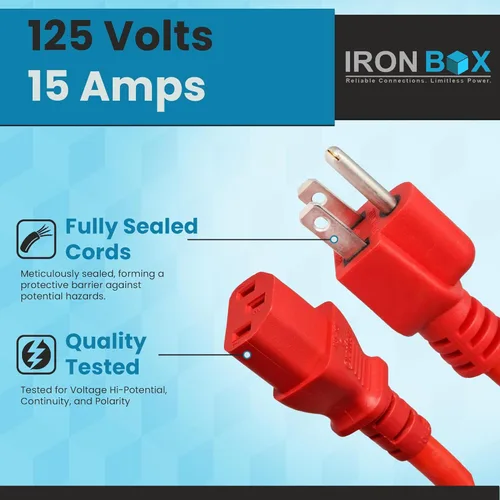 Miniatura 3 de IronBox Electric - Cable de alimentación de servicio pesado 5-15P a C13 - Cable de 3 clavijas 15A 125V 14/3 SJT para PC - Cable para computadora